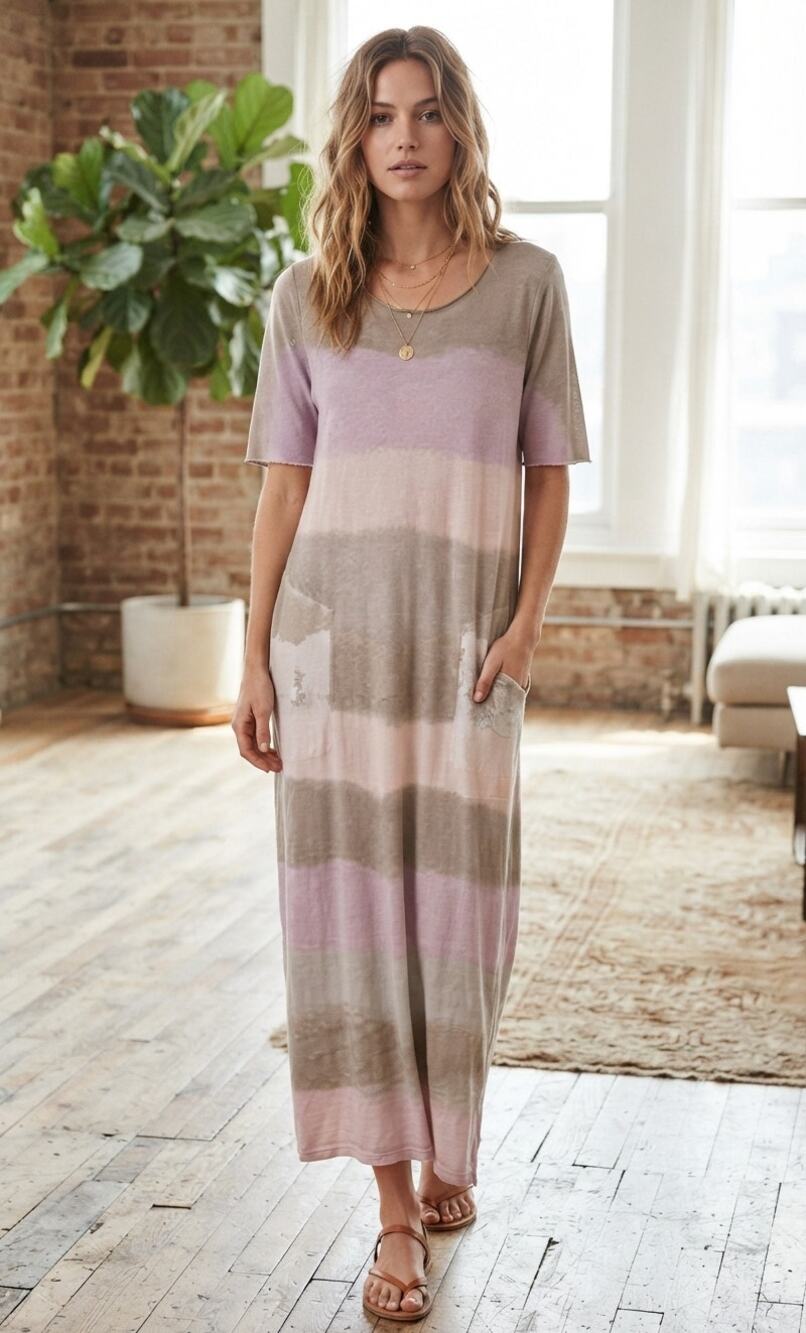 Raquel Allegra Hand Dyed Striped Midi Dress Tie Dye Lagenlook Size 2 | Large
